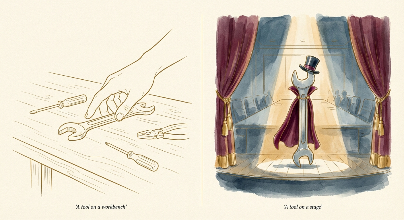 A tool on a workbench vs a tool on a stage