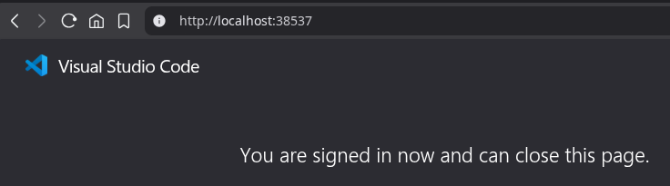 VS Code authentication success message