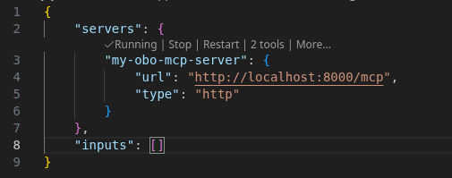 VS Code showing MCP server running with 2 tools