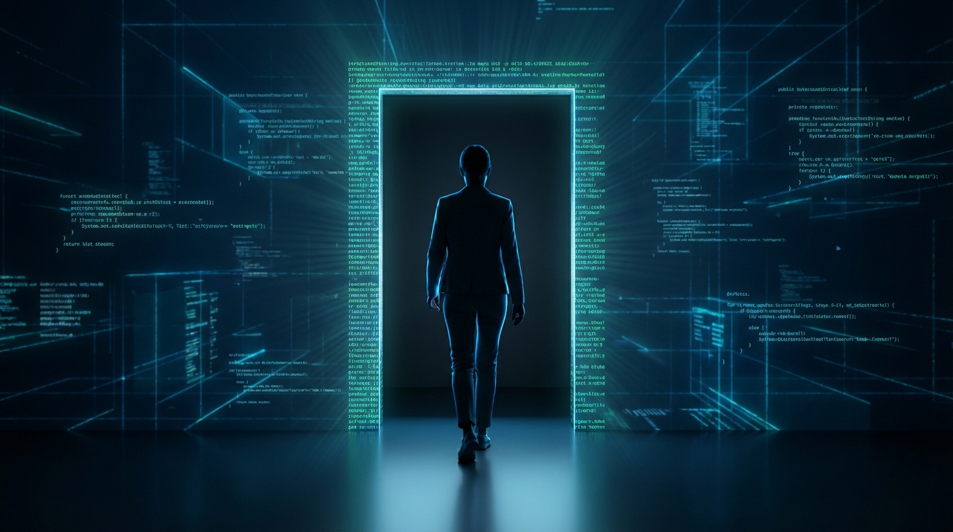 Silhouette stepping through a glowing terminal portal into a space filled with floating code