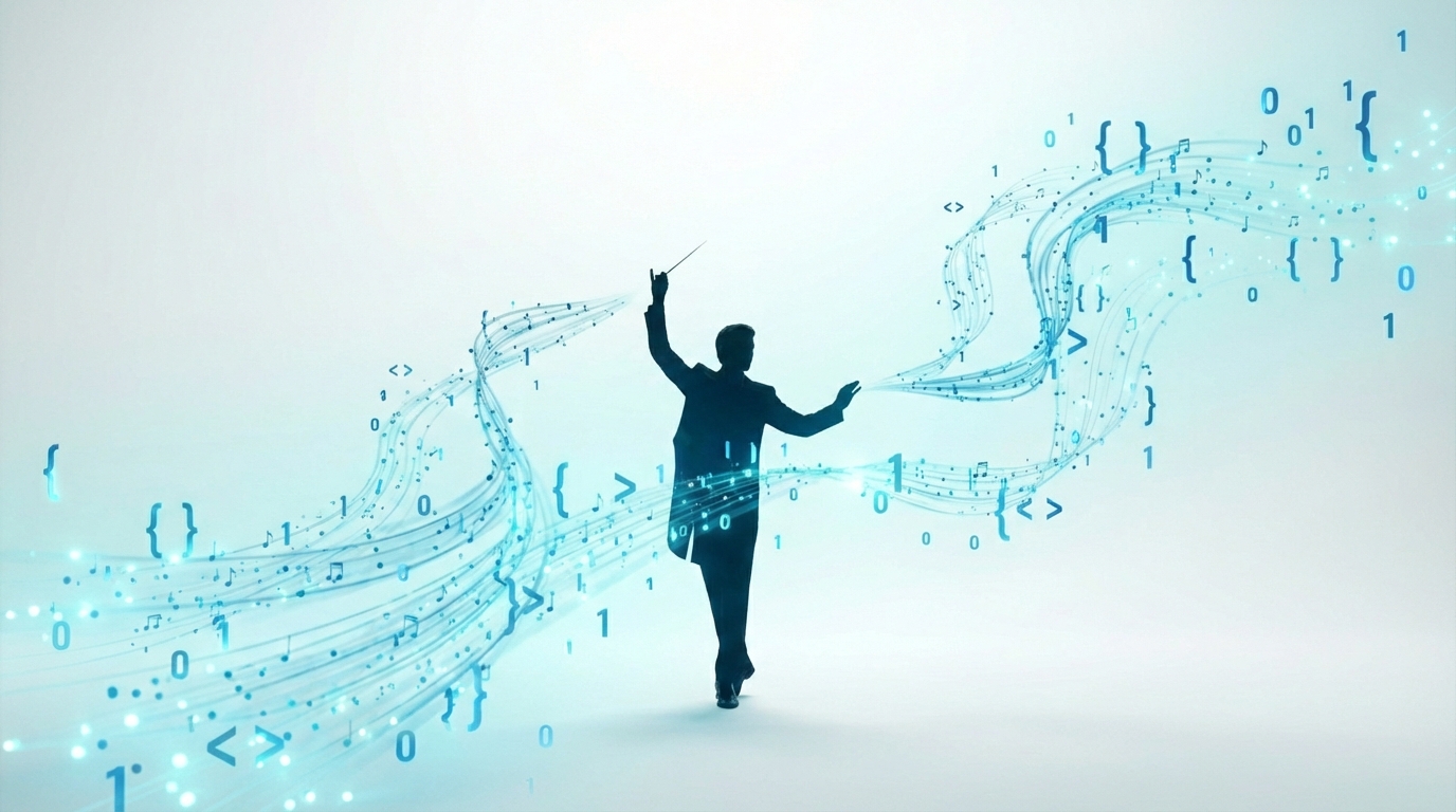 Silhouetted conductor orchestrating flowing streams of code and music